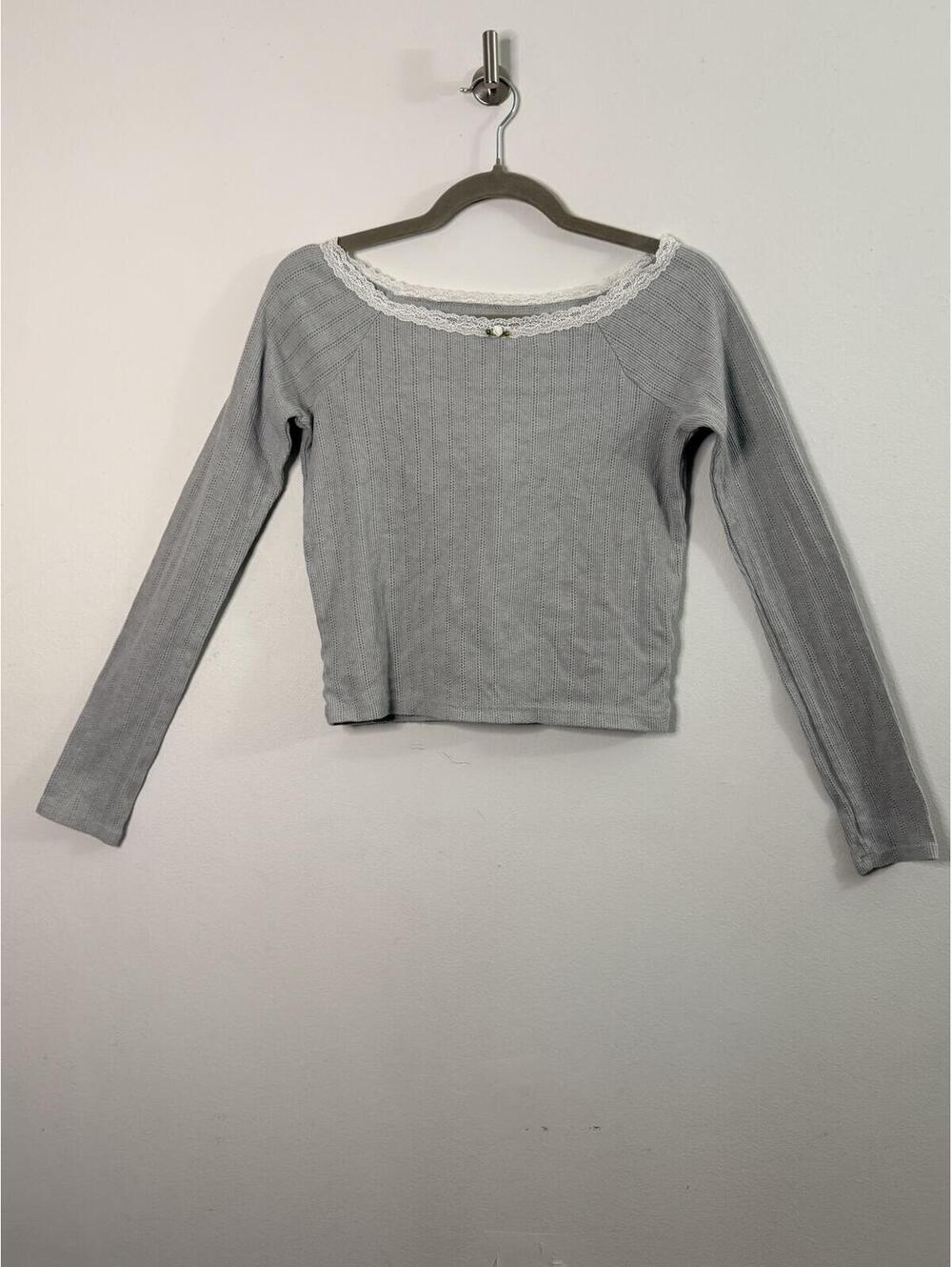 Aeropostale Women’s Small Gray Ribbed Pointelle Lace Long Sleeve Crop Top